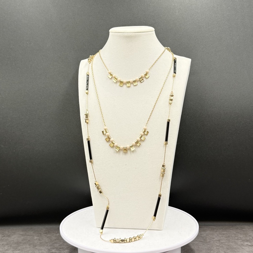 Vintage Gold Tone Cube & Black Bar Bead Necklace Long Layered Modernist